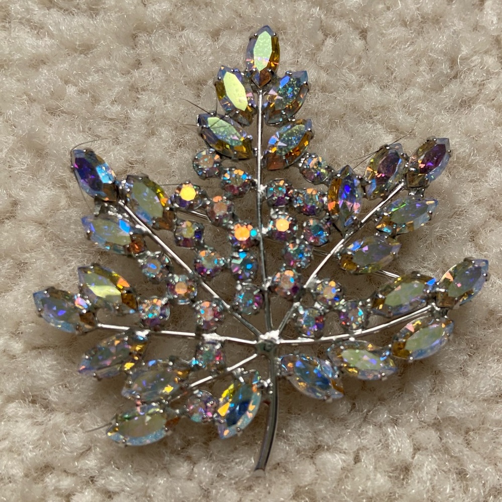 B David Signed Aurora Borealis Rhinestone Leaf Brooch